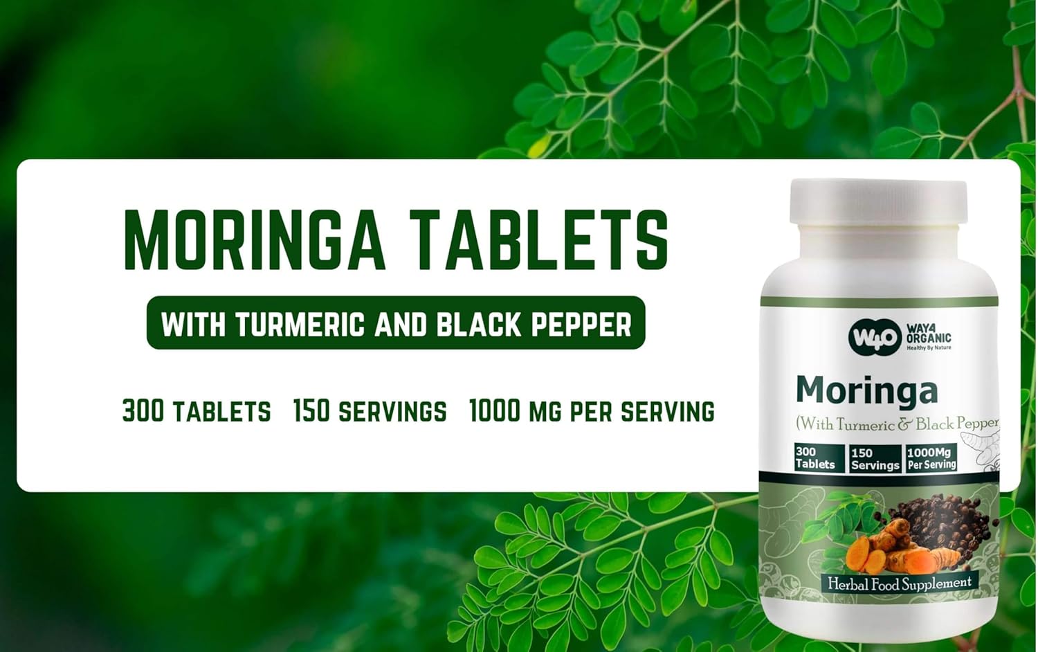 Organic Moringa Tablets with Turmeric & Black Pepper - 300 Pills, 5 Month Supply - 1000 Mg per Serving - Digestive Health Support - Pack of 1