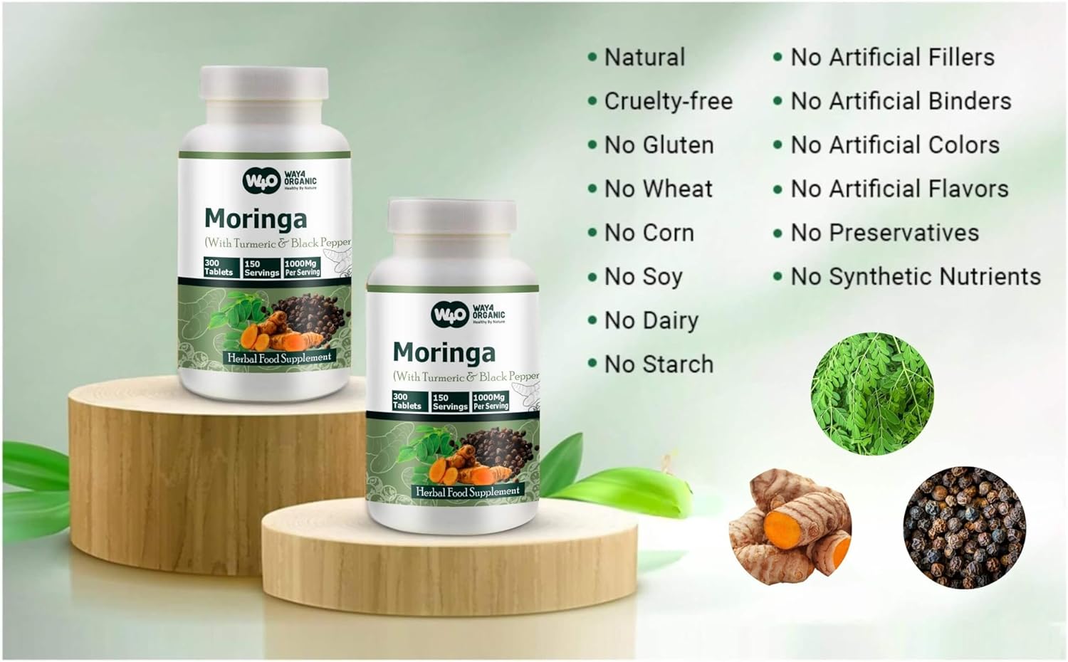 Organic Moringa Tablets with Turmeric & Black Pepper - 300 Pills, 5 Month Supply - 1000 Mg per Serving - Digestive Health Support - Pack of 1