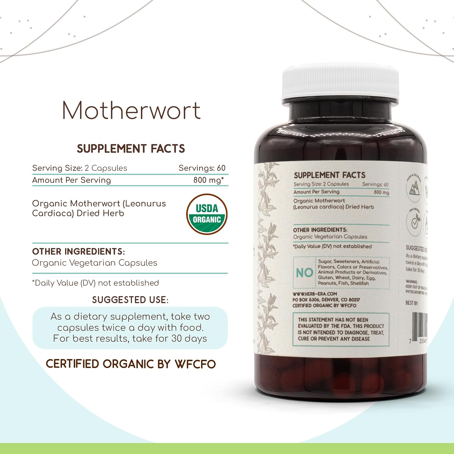 Organic Motherwort Herbal Supplement - 120 Capsules | Certified USDA Organic Vegetarian Capsules | Leonurus Cardiaca Dried Herb
