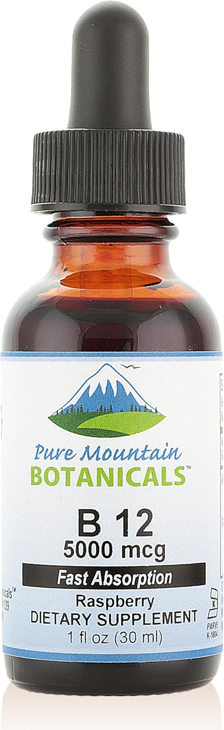 Organic Mountain Botanicals B12 Vitamin Drops - 5000 mcg in 1oz Bottle with Berry Flavor - Kosher & Natural