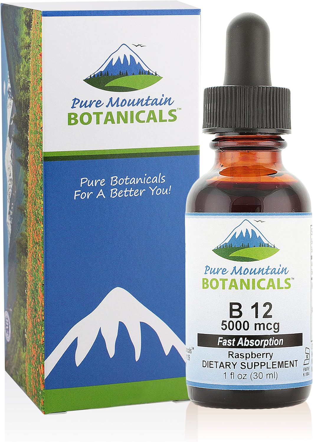 Organic Mountain Botanicals B12 Vitamin Drops - 5000 mcg in 1oz Bottle with Berry Flavor - Kosher & Natural