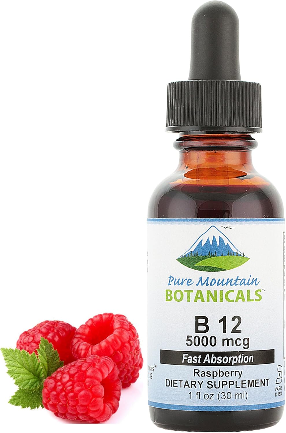 Organic Mountain Botanicals B12 Vitamin Drops - 5000 mcg in 1oz Bottle with Berry Flavor - Kosher & Natural