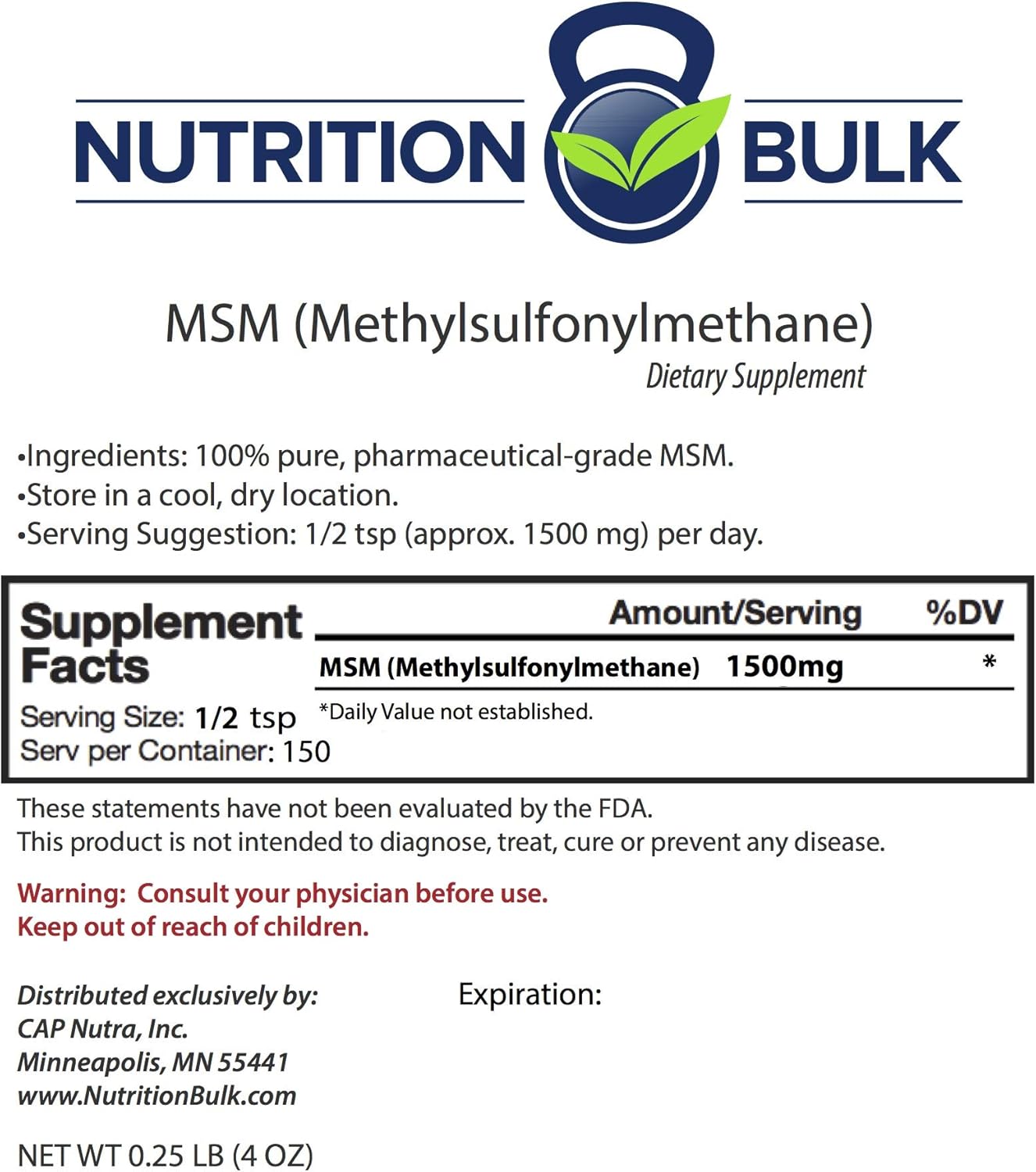 Organic MSM Powder for Bone and Joint Health - Non-GMO, Vegan, Gluten-Free, Soy-Free, Keto - NutritionBulk