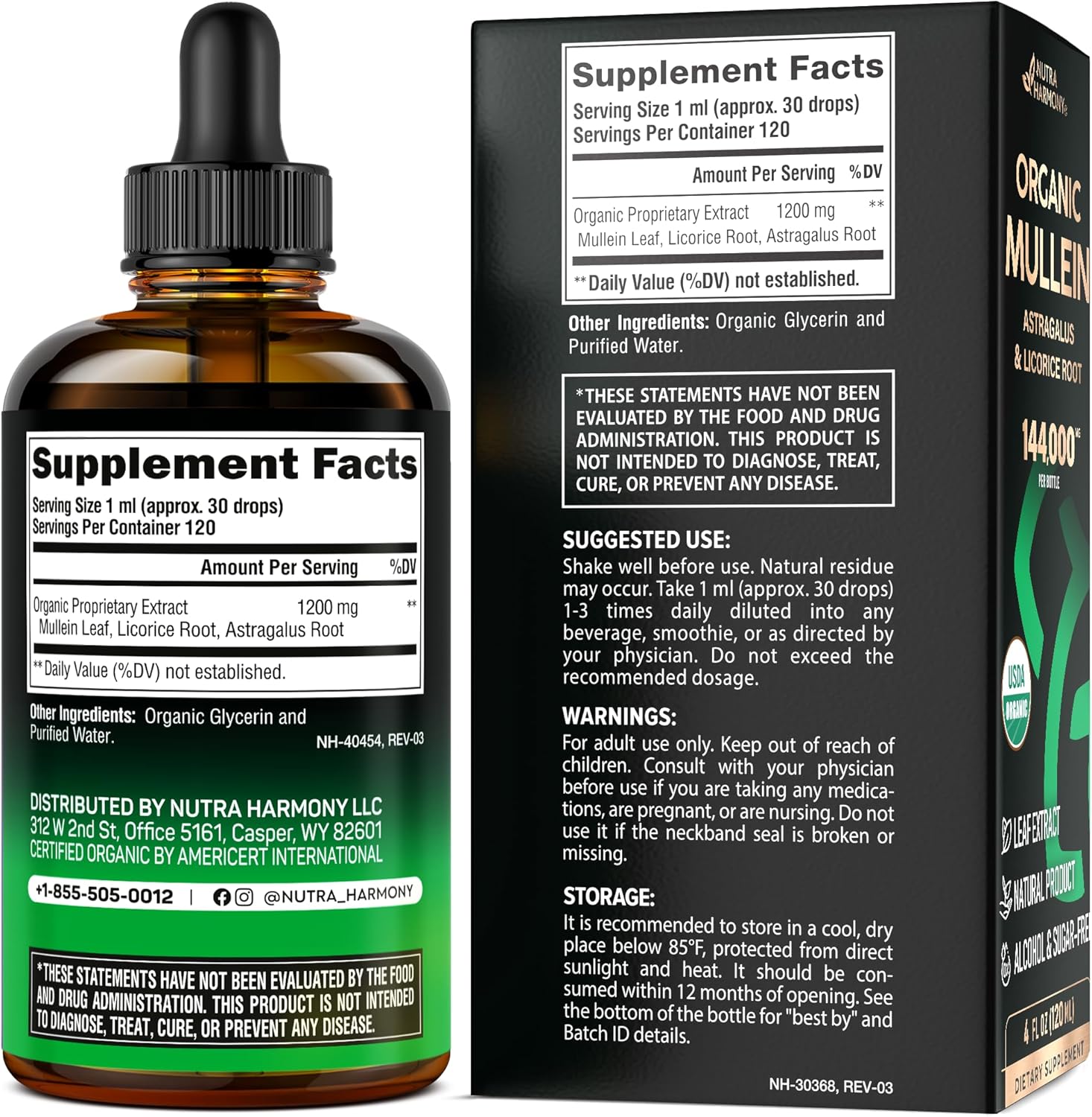 Organic Mullein and Vitamin B12 Drops by NUTRAHARMONY - Natural Immune Support Supplement
