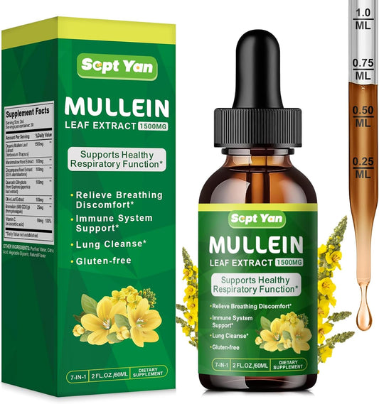 Organic Mullein Leaf Extract Liquid for Lung Health - 1500mg Herbal Supplement for Detox & Respiratory Support - Vegan, 2 Fl Oz