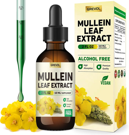 Organic Mullein Leaf Extract Tincture for Lung Health - Herbal Support for Respiratory Function - Non-GMO, Vegan - 2 Fl Oz