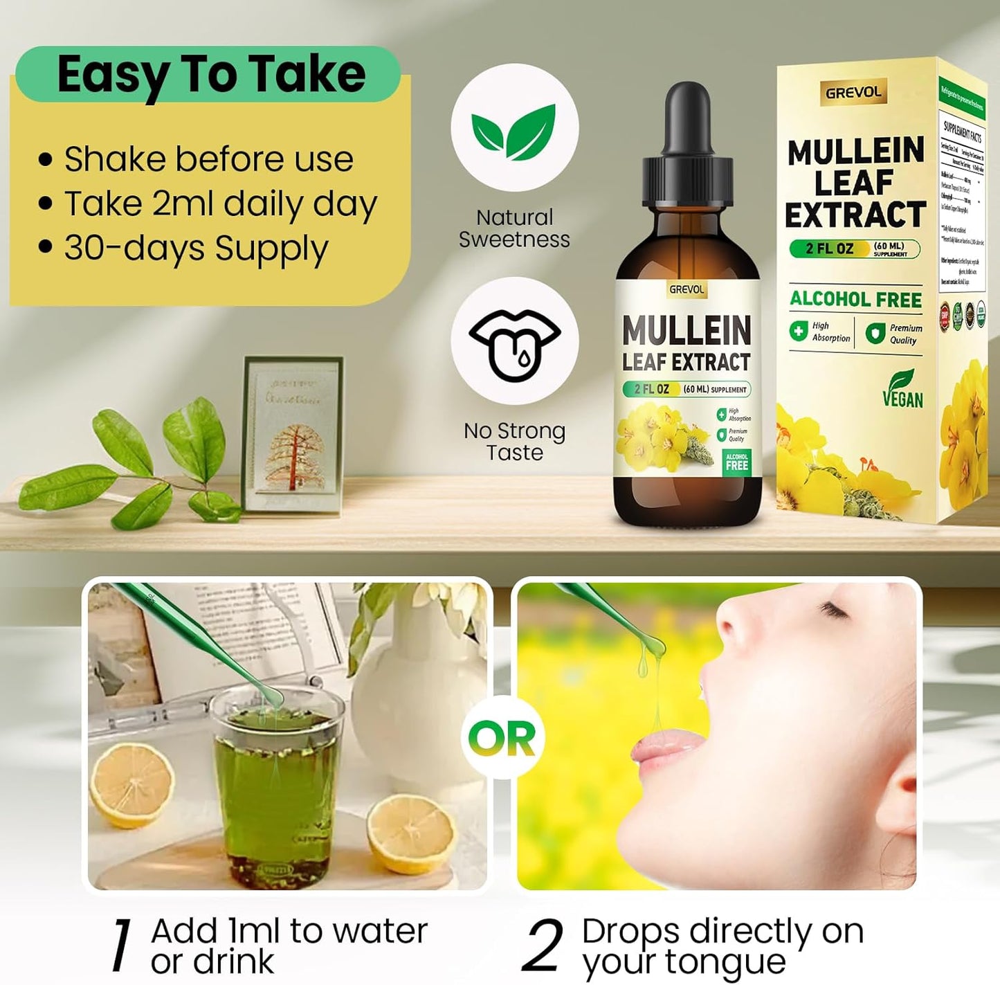 Organic Mullein Leaf Extract Tincture for Lung Health - Herbal Support for Respiratory Function - Non-GMO, Vegan - 2 Fl Oz