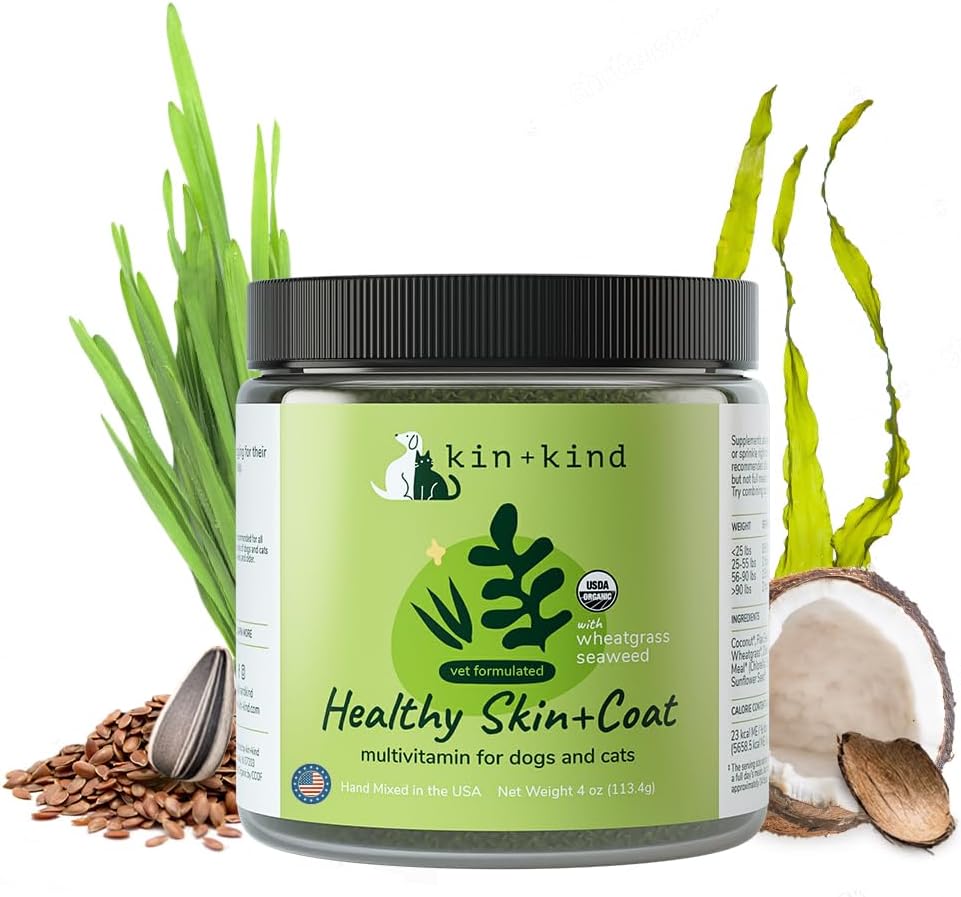 Organic Multivitamin for Dogs & Cats - Skin & Coat Vitamins - Natural Formula with Wheatgrass, Kelp, Flax Seed, Seaweed, Coconut - 4 oz - USA Made