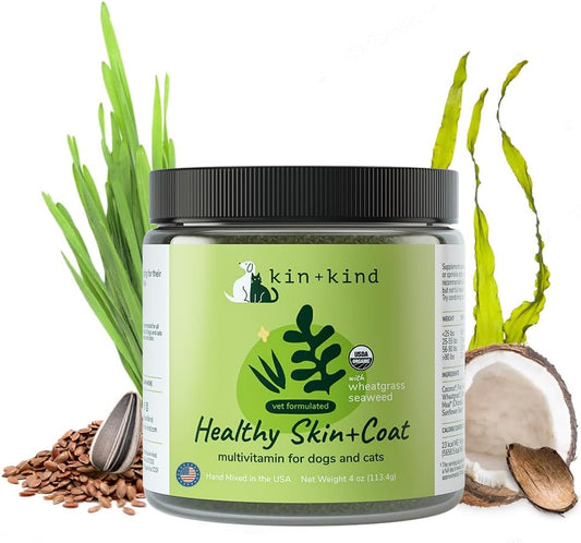 Organic Multivitamin for Dogs & Cats - Skin & Coat Vitamins - Natural Formula with Wheatgrass, Kelp, Flax Seed, Seaweed, Coconut - 4 oz - USA Made