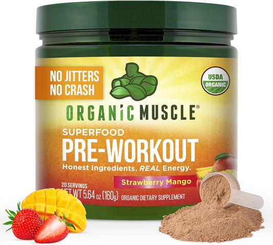 Organic Muscle Strawberry Mango Pre-Workout Powder | Natural Energy Boost | Clean Performance | 20 Superfoods | Low Caffeine | 20 Servings