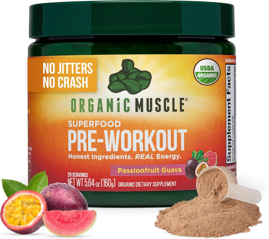Organic Muscle USDA Organic Pre-Workout Powder, Passionfruit Guava - Clean Energy Boost with Natural Ingredients, No Jitters - 20 Servings