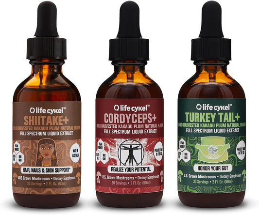 Organic Mushroom AM Bundle for Energy, Immune Support, Hair Skin & Nails - Cordyceps, Turkey Tail, Shiitake with Kakadu Plum - Made in USA - Non-GMO - 3 Pack (2oz each)