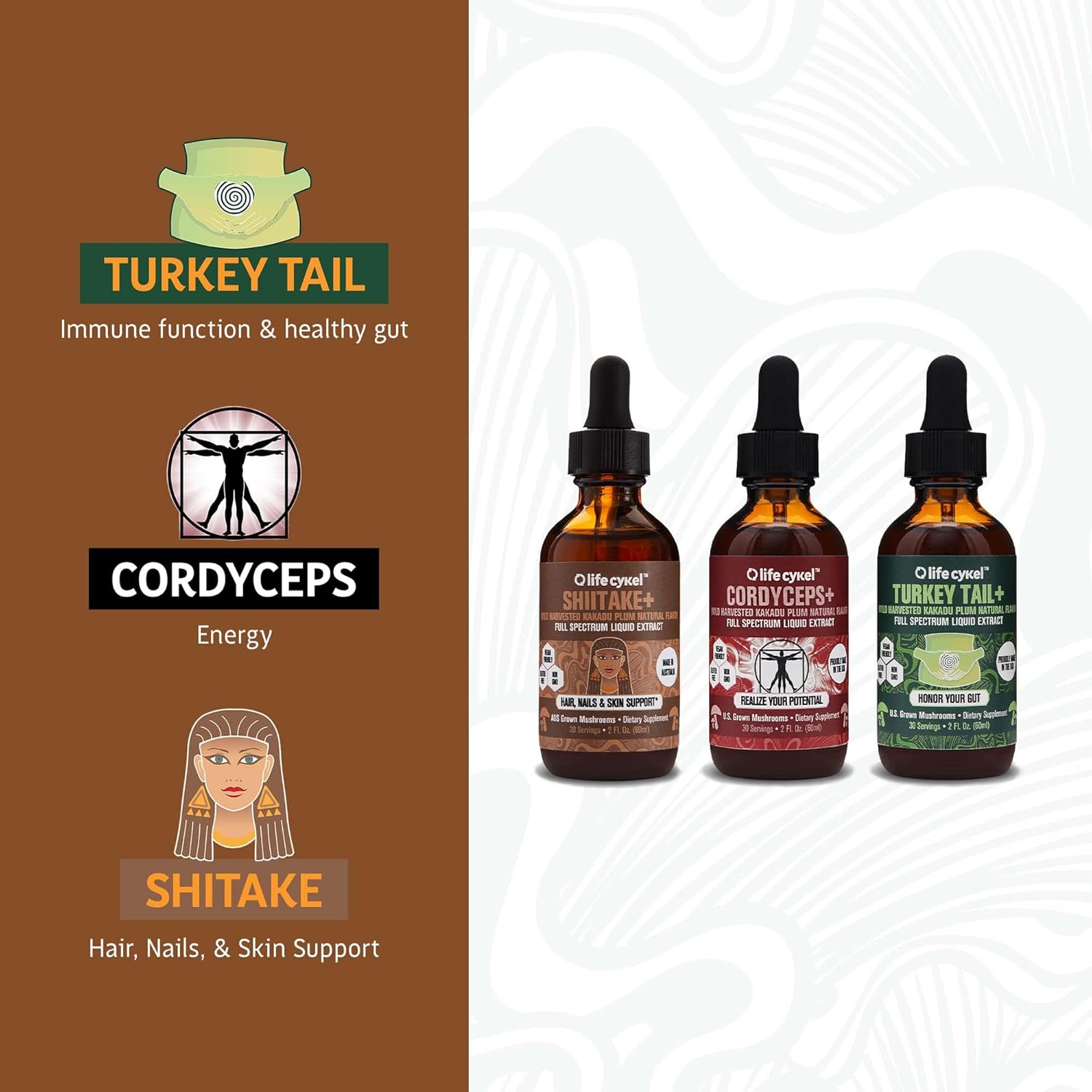Organic Mushroom AM Bundle for Energy, Immune Support, Hair Skin & Nails - Cordyceps, Turkey Tail, Shiitake with Kakadu Plum - Made in USA - Non-GMO - 3 Pack (2oz each)