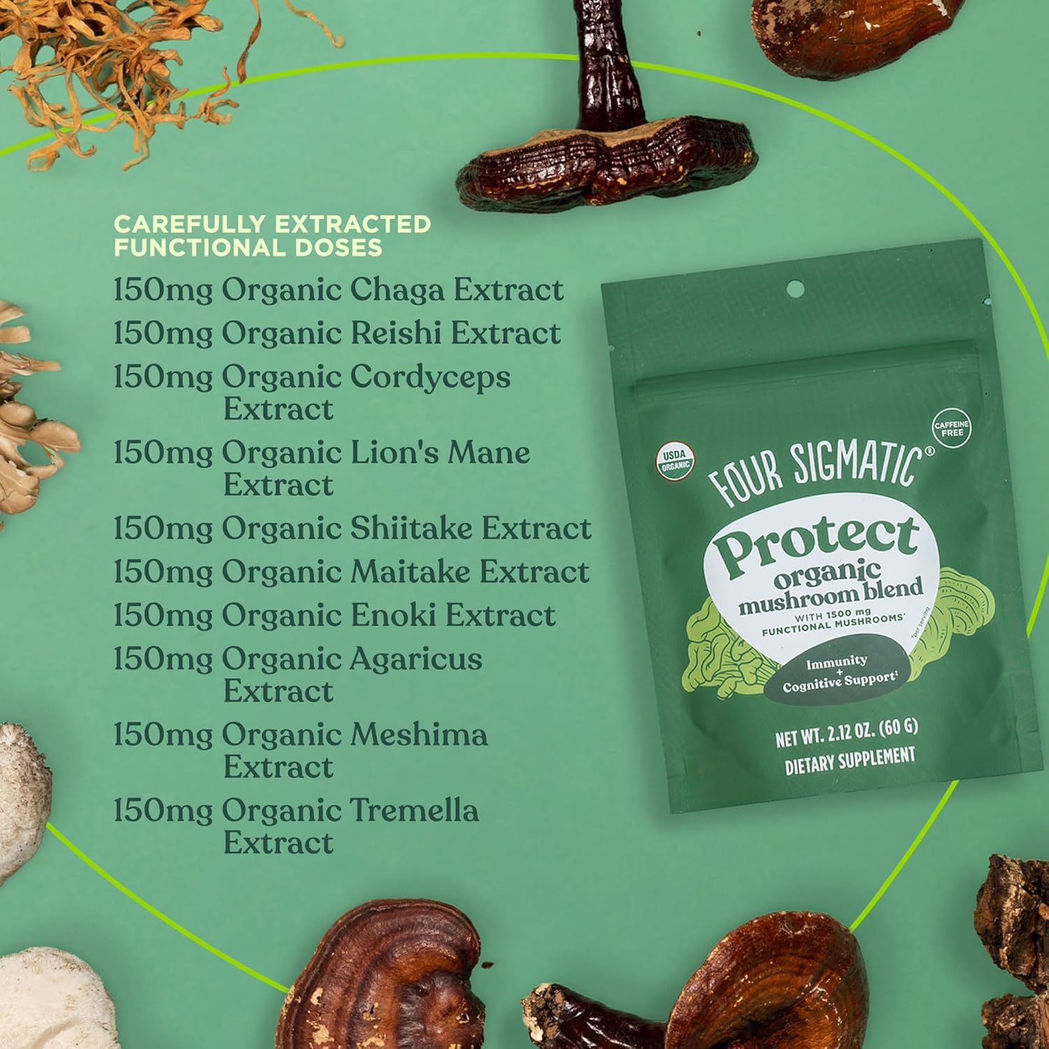Organic Mushroom Blend Powder Complex with Lion’s Mane, Cordyceps, Chaga, Reishi | Immune Support | Vegan, Gluten-Free | 30 Servings