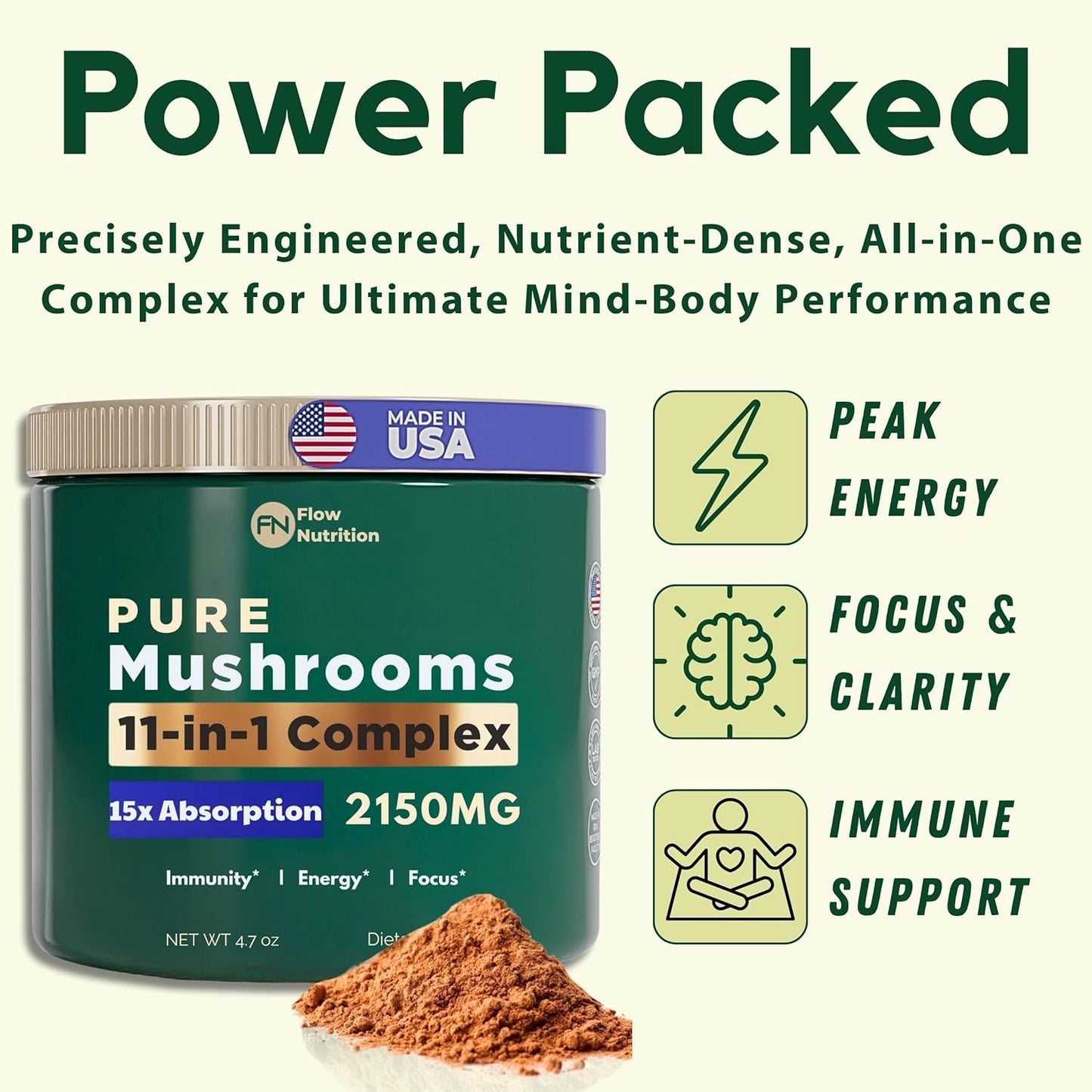 Organic Mushroom Blend Powder for Coffee & Smoothies - Adaptogenic Supplement for Focus & Energy
