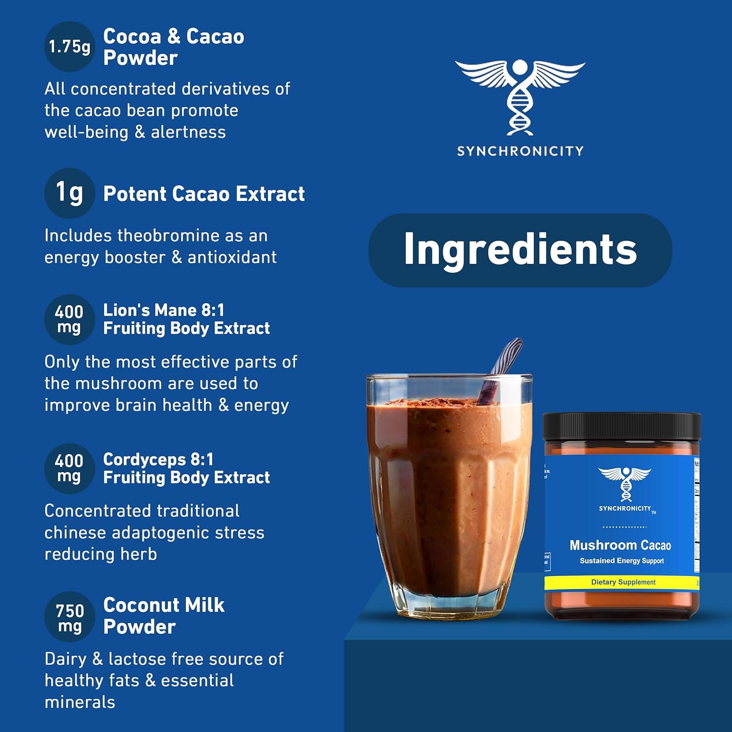 Organic Mushroom Cacao Energy Drink Powder with Adaptogens for Focus & Productivity - Lions Mane, Cordyceps & Cocoa Blend from Yale DRS - Natural Nootropic & Superfood