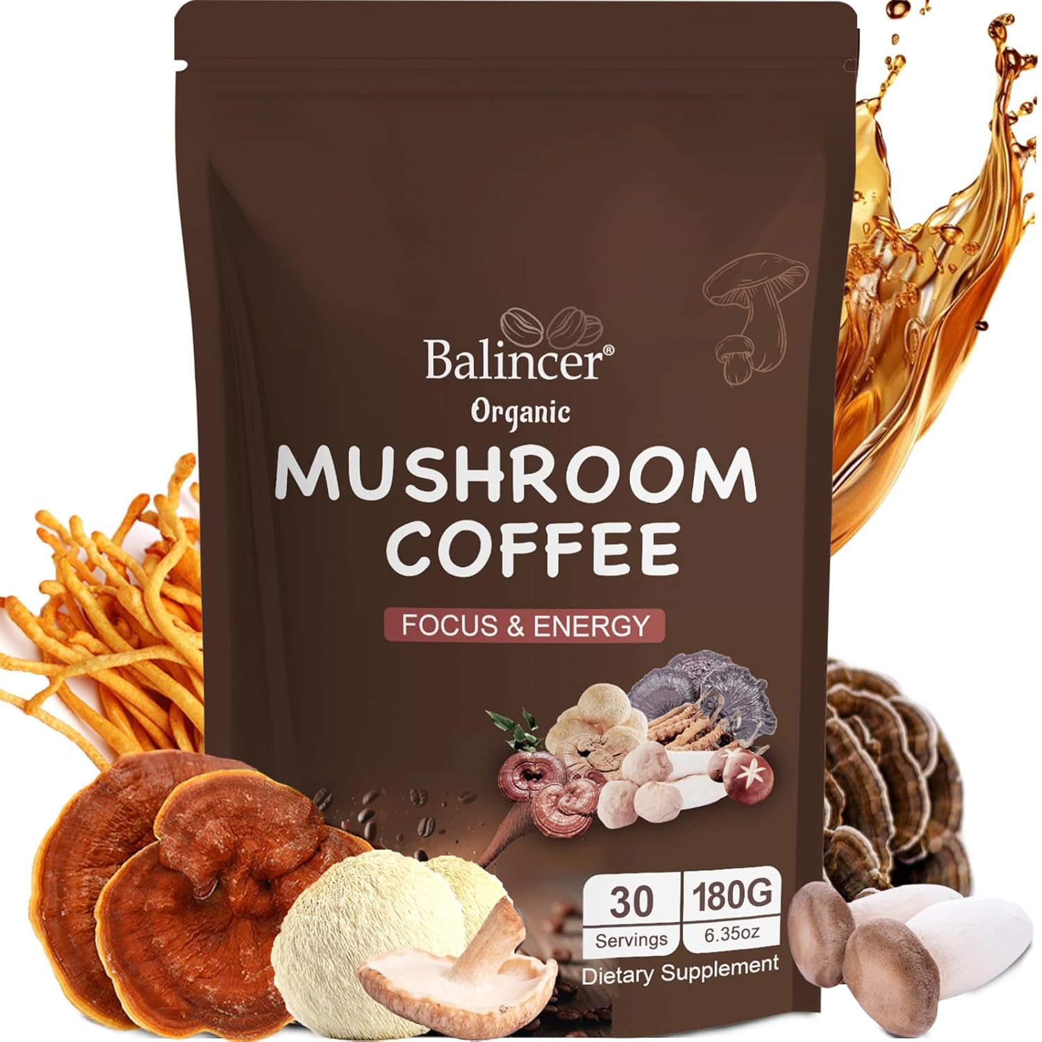 Organic Mushroom Coffee Blend with 6 Adaptogenic Mushrooms for Focus, Energy, Immune Support - 30 Servings