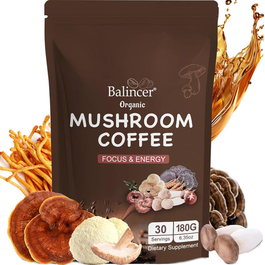 Organic Mushroom Coffee Blend with 6 Adaptogenic Mushrooms for Focus, Energy, Immune Support - 30 Servings