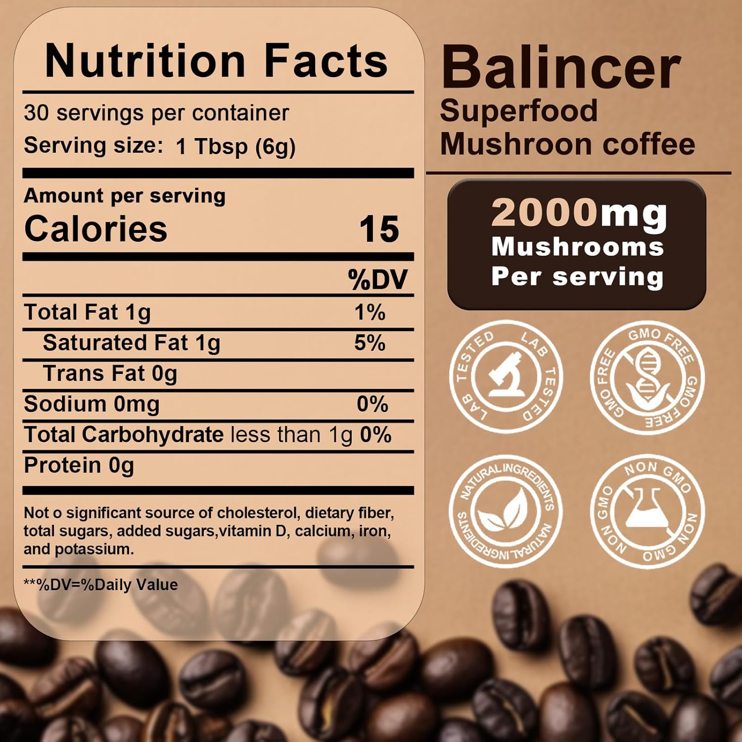 Organic Mushroom Coffee Blend with 6 Adaptogenic Mushrooms for Focus, Energy, Immune Support - 30 Servings