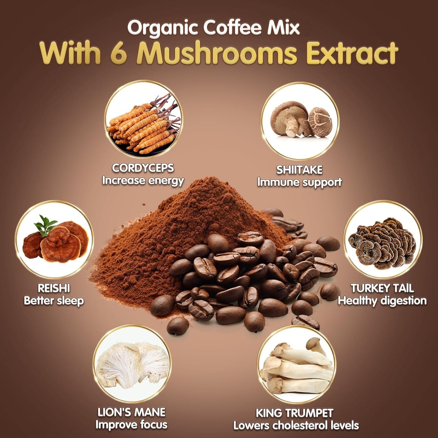 Organic Mushroom Coffee Blend with 6 Adaptogenic Mushrooms for Focus, Energy, Immune Support - 30 Servings