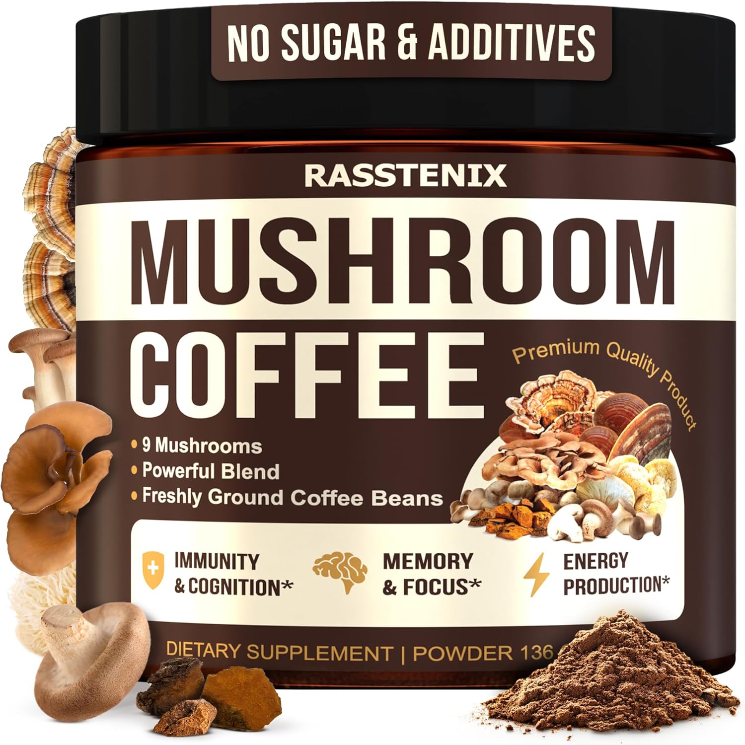 Organic Mushroom Coffee Mix with 9 Adaptogens for Gut Health and Energy - 60 Servings