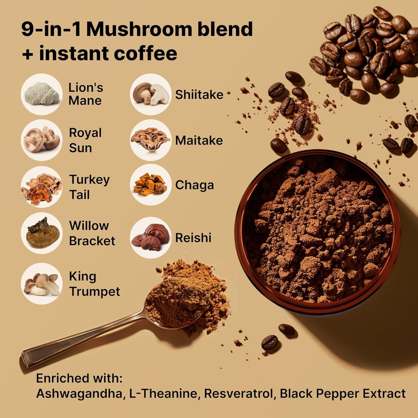 Organic Mushroom Coffee Mix with 9 Adaptogens for Gut Health and Energy - 60 Servings