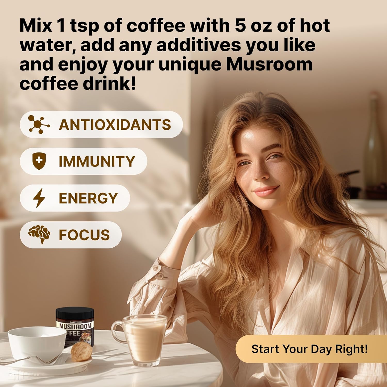 Organic Mushroom Coffee Mix with 9 Adaptogens for Gut Health and Energy - 60 Servings
