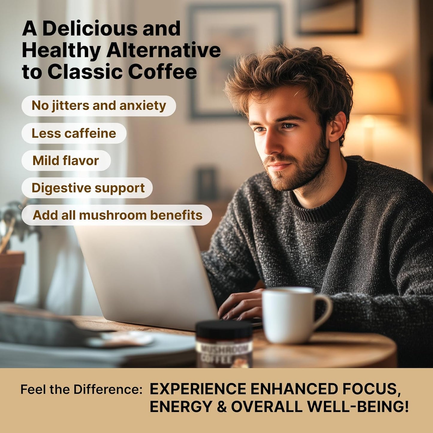 Organic Mushroom Coffee Mix with 9 Adaptogens for Gut Health and Energy - 60 Servings