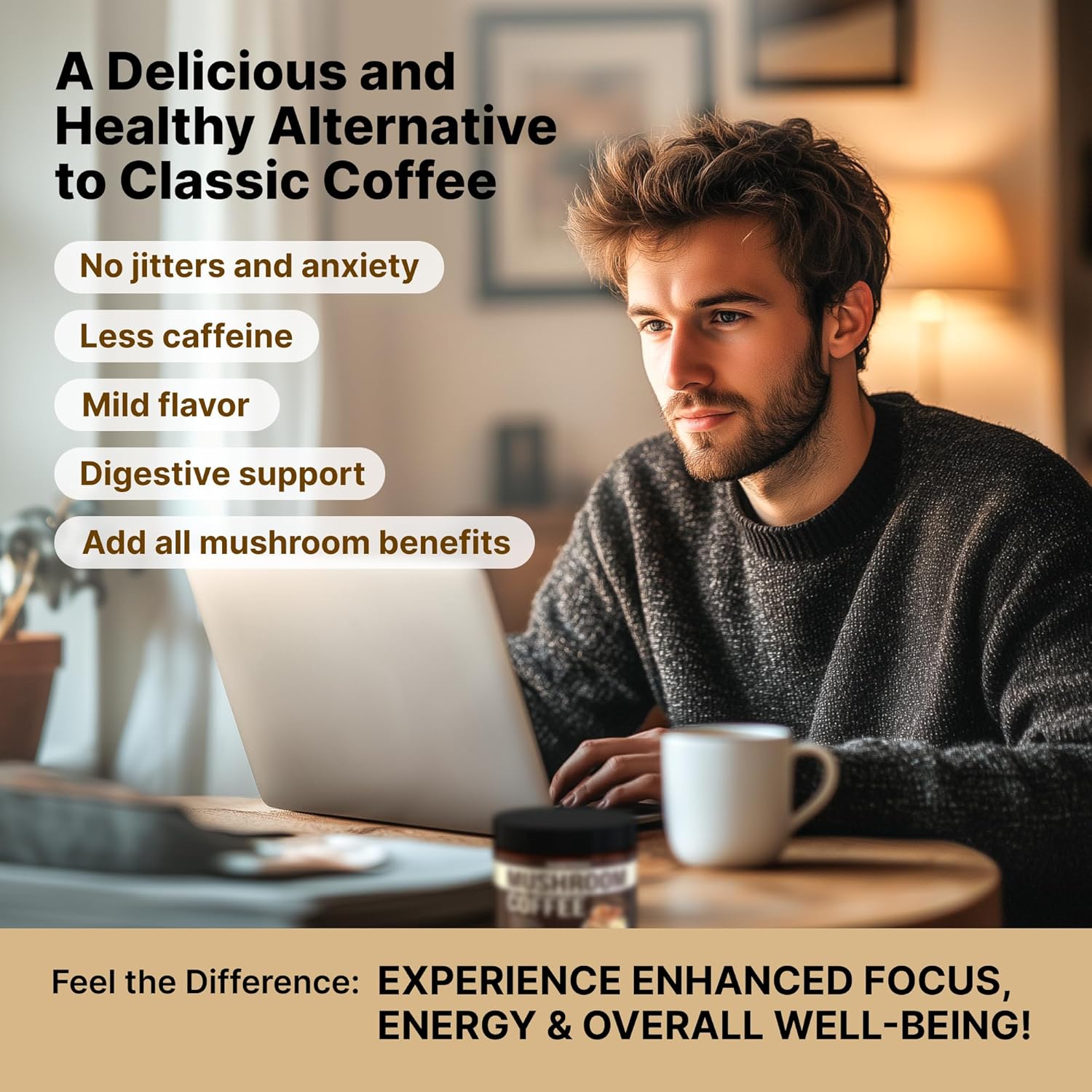 Organic Mushroom Coffee Mix with 9 Adaptogens for Gut Health and Energy - 60 Servings