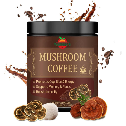 Organic Mushroom Coffee Powder Blend with Lion's Mane, Reishi, Cordyceps, Chaga & Turkey Tail - Gut Health, Immunity & Brain Boost - 5.11 oz
