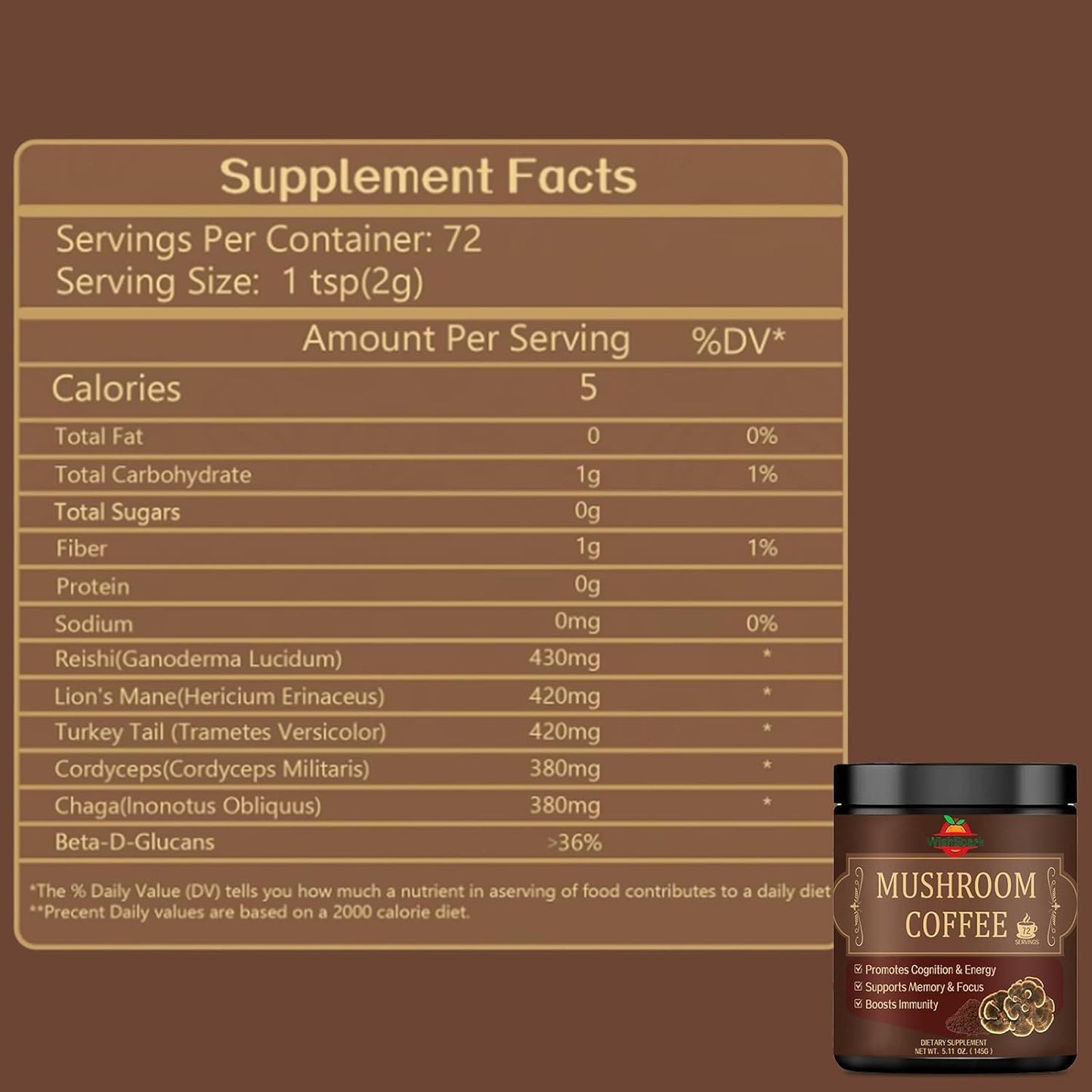 Organic Mushroom Coffee Powder Blend with Lion's Mane, Reishi, Cordyceps, Chaga & Turkey Tail - Gut Health, Immunity & Brain Boost - 5.11 oz