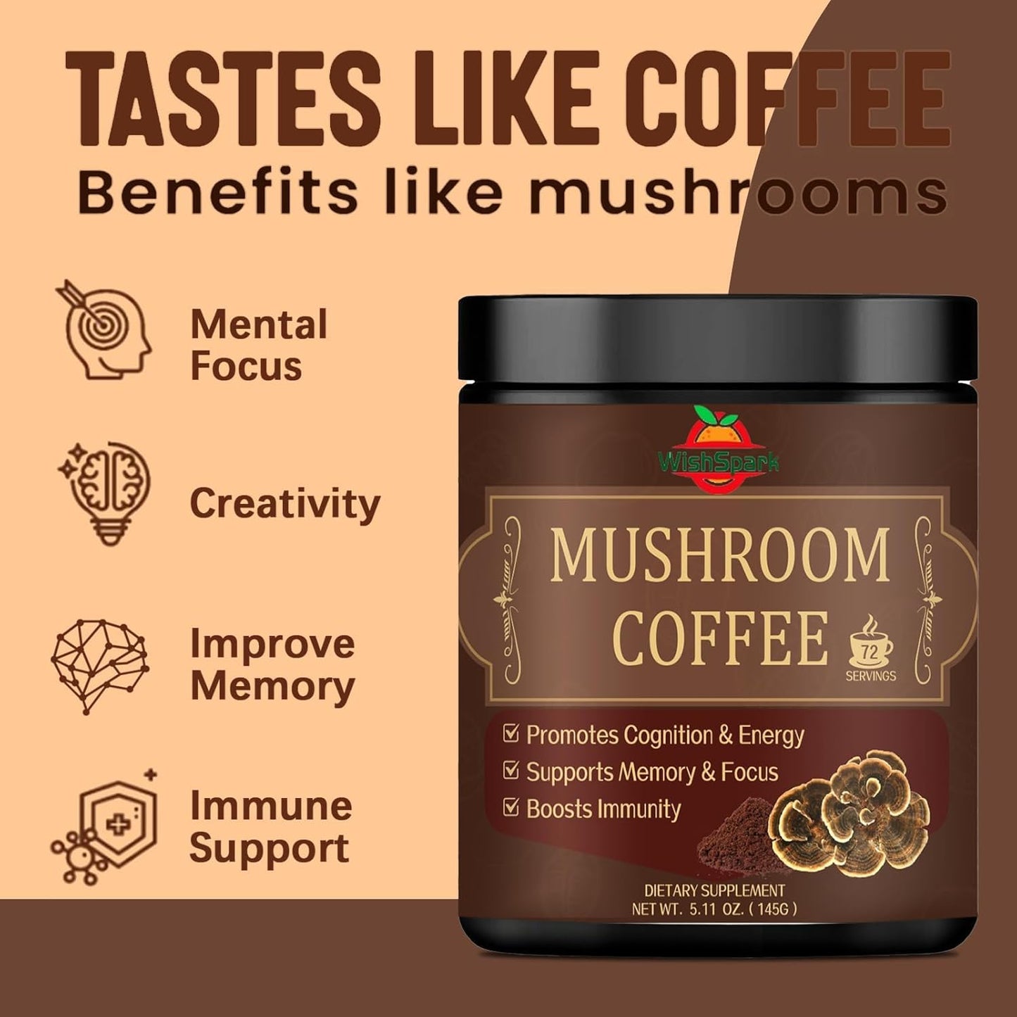Organic Mushroom Coffee Powder Blend with Lion's Mane, Reishi, Cordyceps, Chaga & Turkey Tail - Gut Health, Immunity & Brain Boost - 5.11 oz