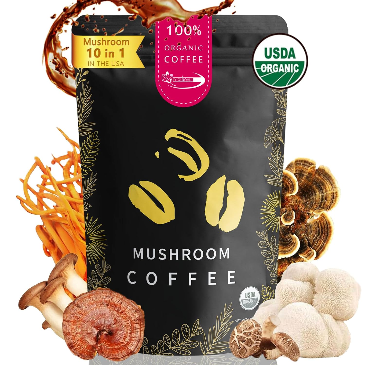 Organic Mushroom Coffee Powder with Cordyceps, Lion's Mane, Turkey Tail - Boost Immunity, Focus, Energy - Silky Texture - 30 Servings