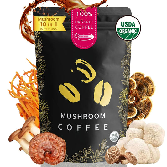 Organic Mushroom Coffee Powder with Cordyceps, Lion's Mane, Turkey Tail - Boost Immunity, Focus, Energy - Silky Texture - 30 Servings