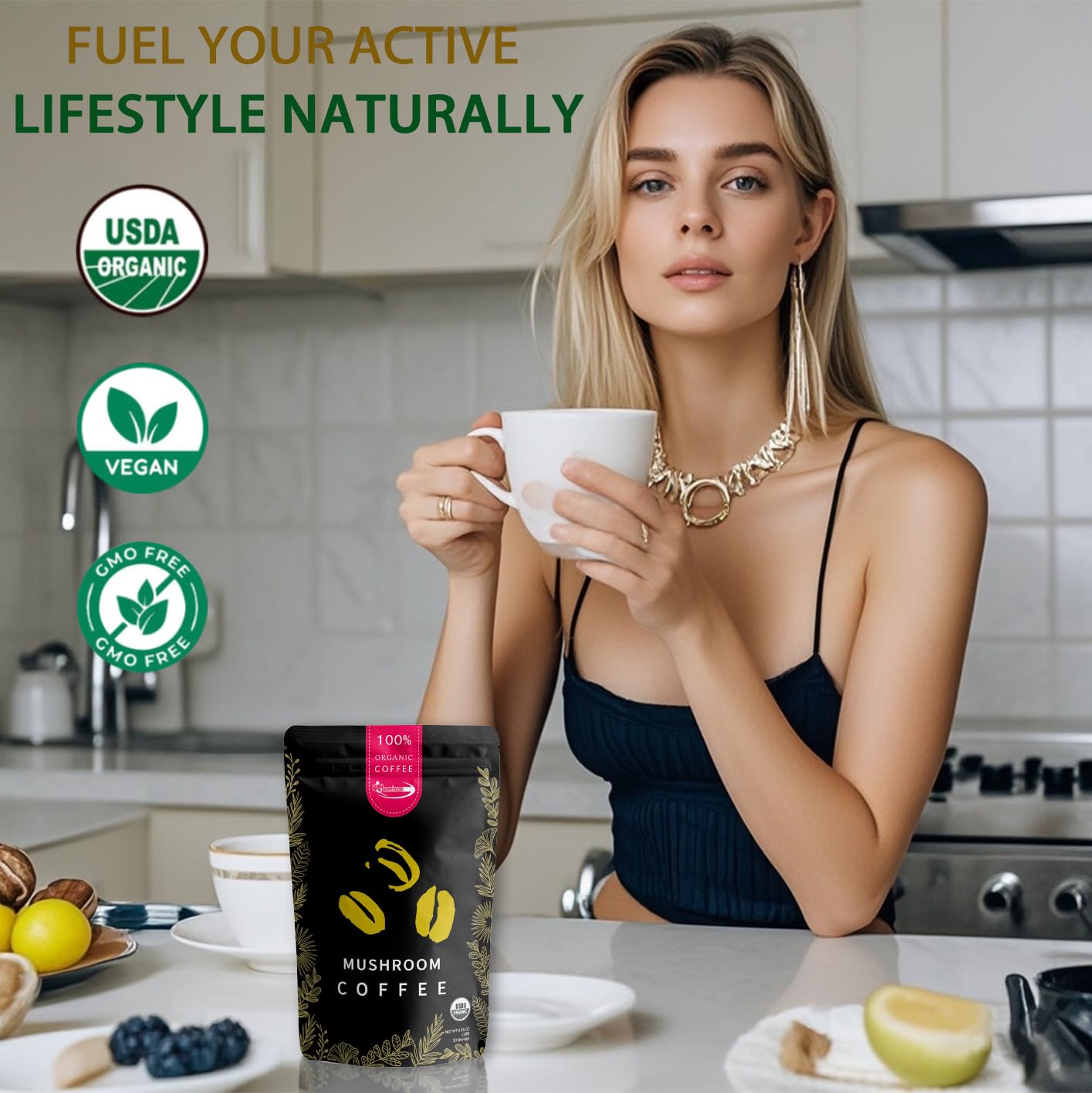 Organic Mushroom Coffee Powder with Cordyceps, Lion's Mane, Turkey Tail - Boost Immunity, Focus, Energy - Silky Texture - 30 Servings