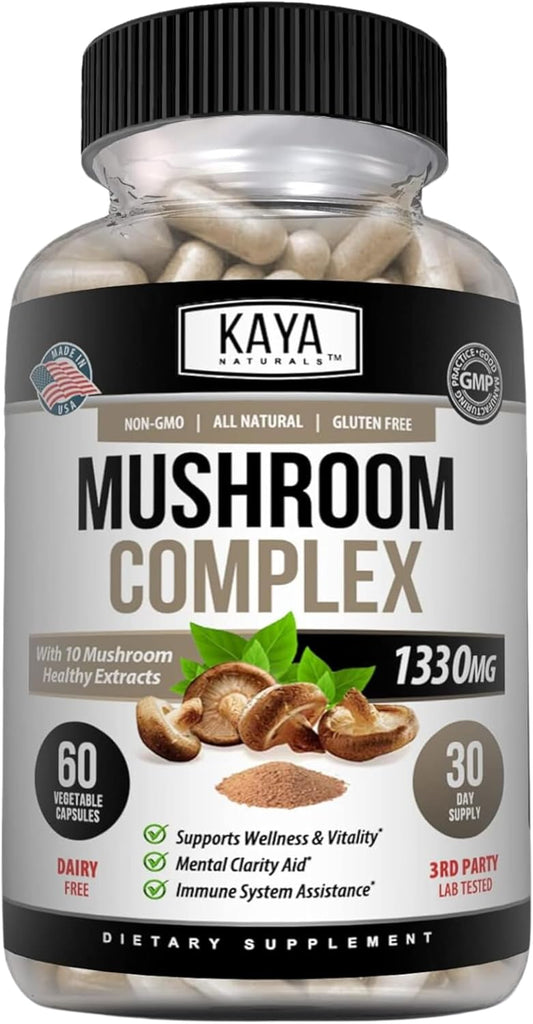 Organic Mushroom Complex Capsules 1330mg - Boost Mental Clarity, Immune System & Wellness | Kaya Naturals 60 Count