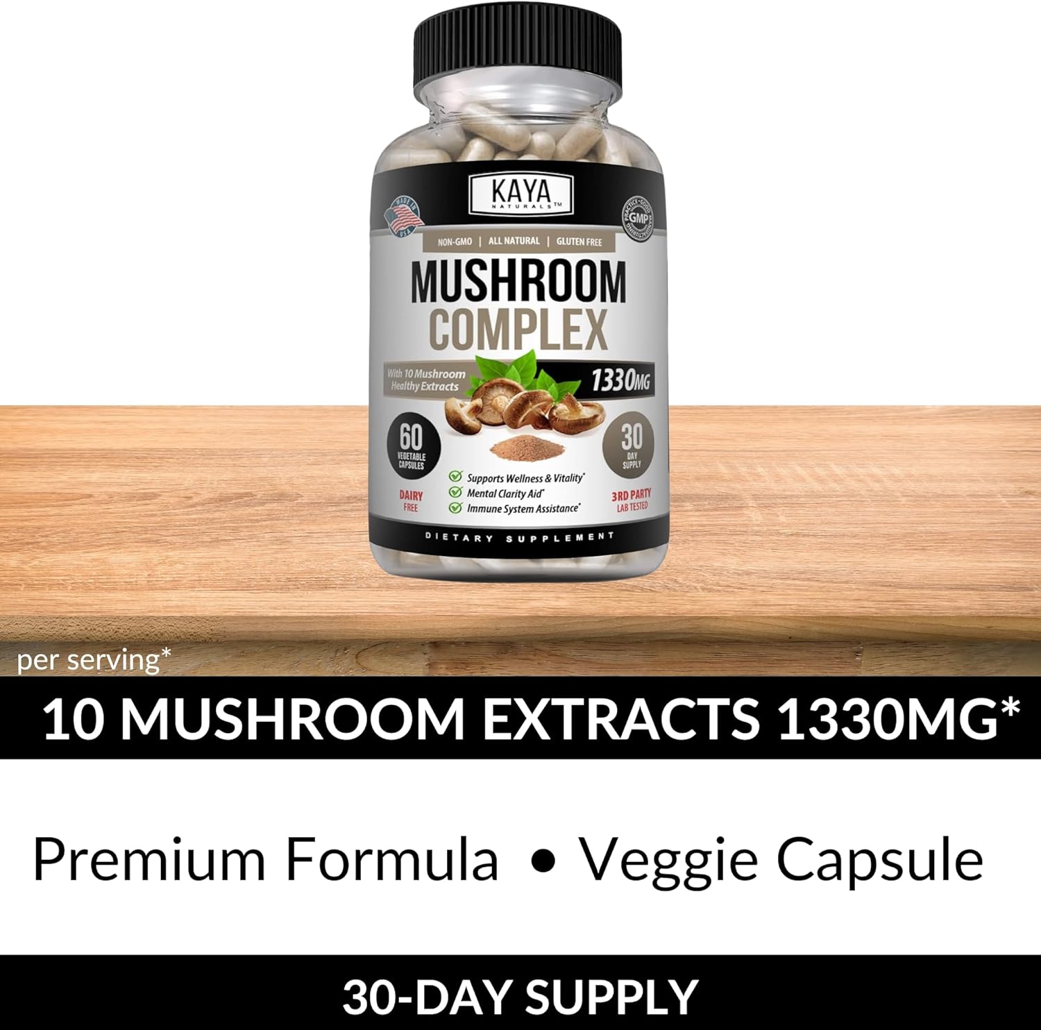 Organic Mushroom Complex Capsules 1330mg - Boost Mental Clarity, Immune System & Wellness | Kaya Naturals 60 Count