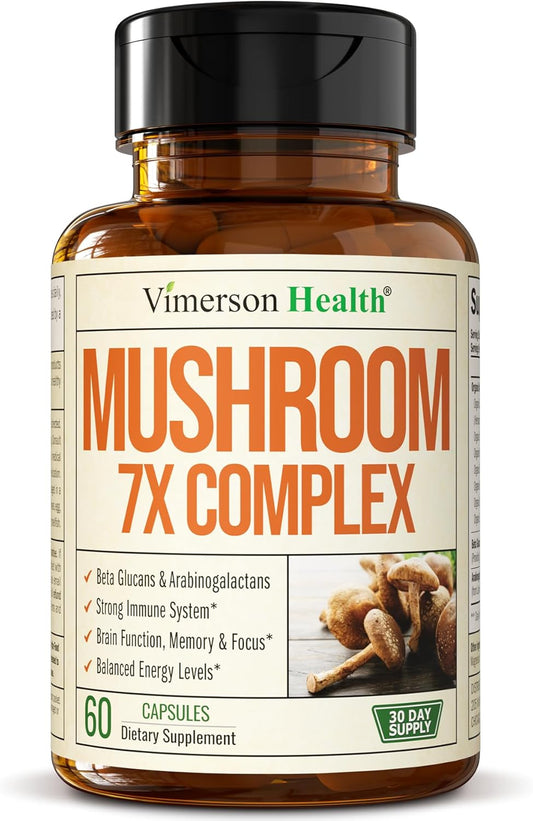 Organic Mushroom Complex Capsules for Memory, Focus & Immune Support - Lions Mane, Reishi, Cordyceps, Chaga, Turkey Tail - 60 Capsules