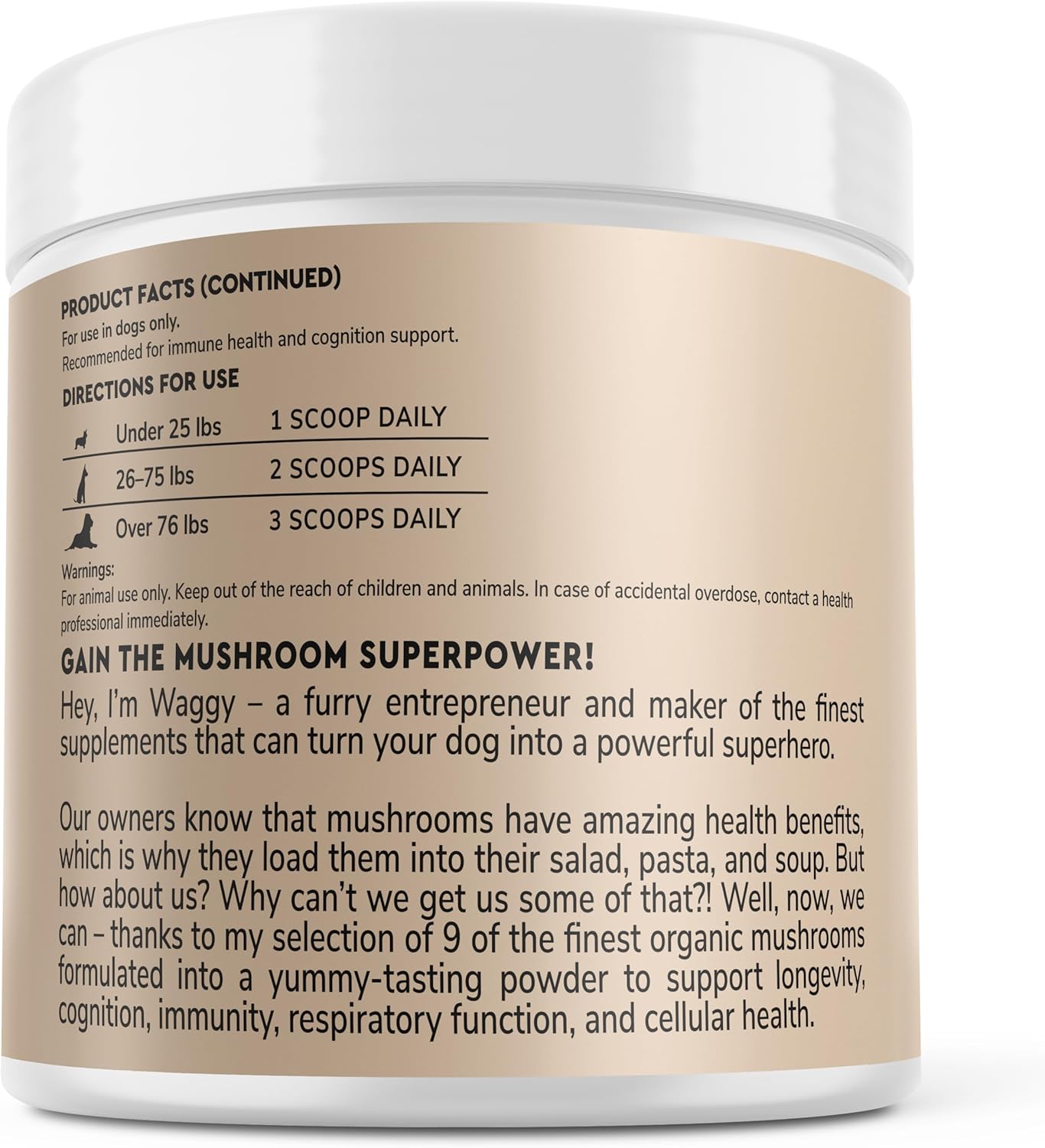 Organic Mushroom Complex Powder for Dogs - Immune Support, Cognition, Cellular Health - Turkey Tail, Reishi, Lions Mane - 90 Scoops