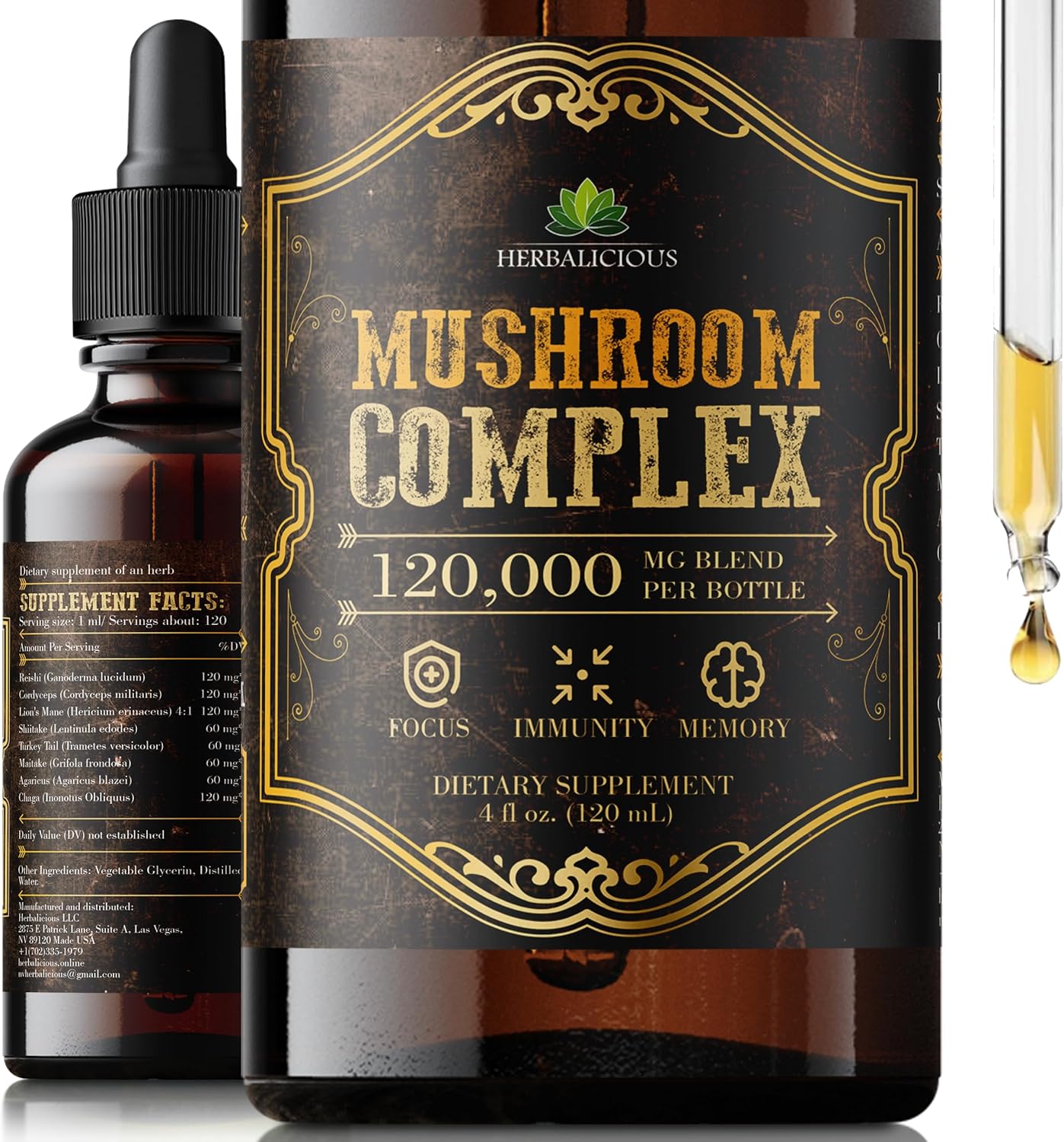 Organic Mushroom Complex Supplement - 8 Mushrooms for Focus, Memory & Immune Support - High Potency 120,000mg Blend - Lion’s Mane, Reishi, Cordyceps, Turkey Tail, Chaga 4 fl oz