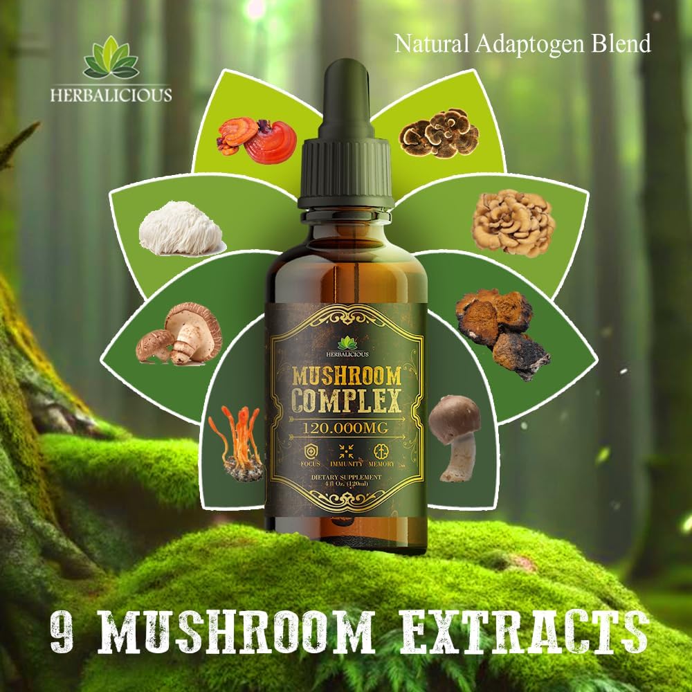 Organic Mushroom Complex Supplement - 8 Mushrooms for Focus, Memory & Immune Support - High Potency 120,000mg Blend - Lion’s Mane, Reishi, Cordyceps, Turkey Tail, Chaga 4 fl oz