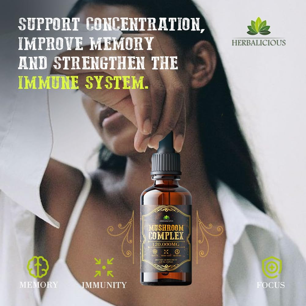 Organic Mushroom Complex Supplement - 8 Mushrooms for Focus, Memory & Immune Support - High Potency 120,000mg Blend - Lion’s Mane, Reishi, Cordyceps, Turkey Tail, Chaga 4 fl oz