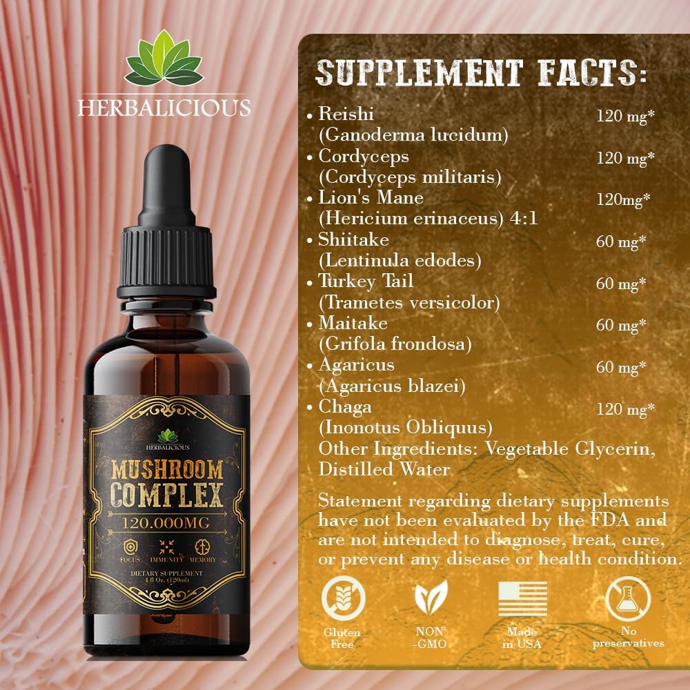 Organic Mushroom Complex Supplement - 8 Mushrooms for Focus, Memory & Immune Support - High Potency 120,000mg Blend - Lion’s Mane, Reishi, Cordyceps, Turkey Tail, Chaga 4 fl oz