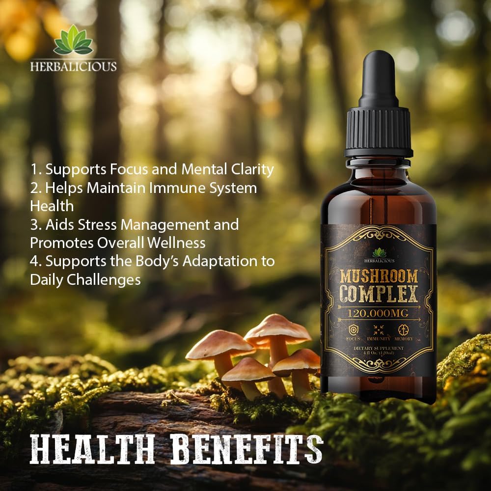 Organic Mushroom Complex Supplement - 8 Mushrooms for Focus, Memory & Immune Support - High Potency 120,000mg Blend - Lion’s Mane, Reishi, Cordyceps, Turkey Tail, Chaga 4 fl oz