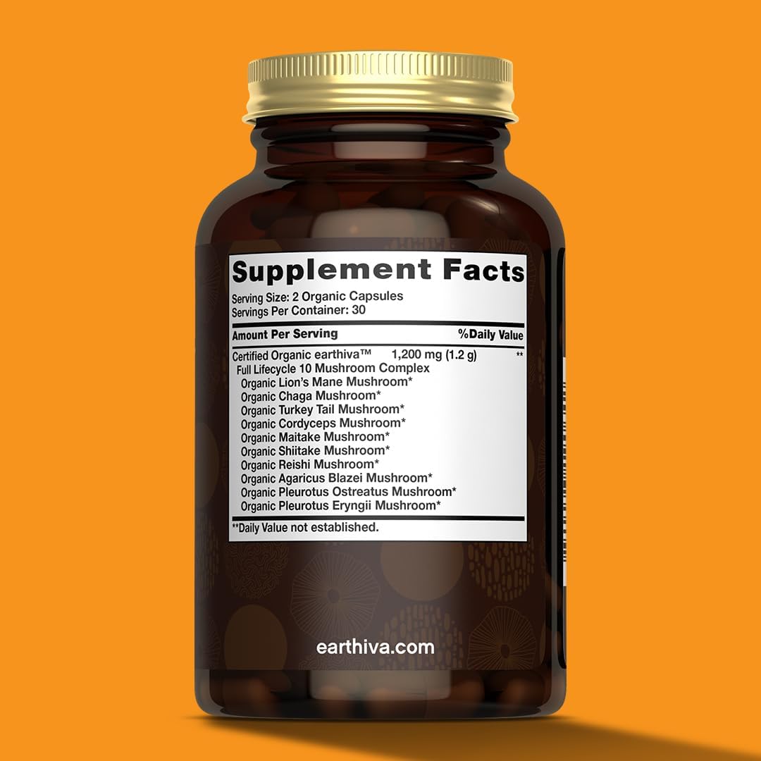 Organic Mushroom Complex Supplement Capsules | 60 Count | 10-in-1 Blend with Lion’s Mane, Chaga, Reishi & More | US Grown