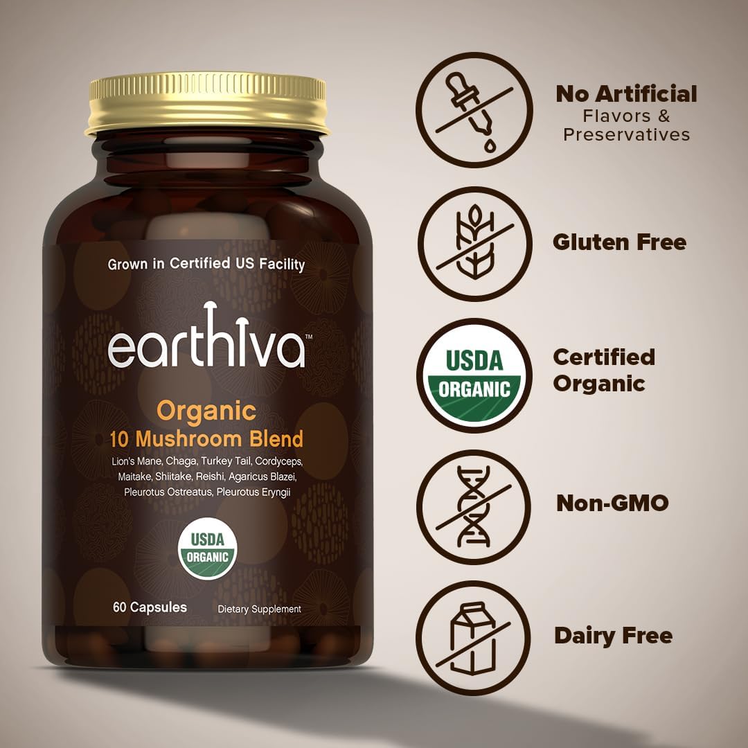 Organic Mushroom Complex Supplement Capsules | 60 Count | 10-in-1 Blend with Lion’s Mane, Chaga, Reishi & More | US Grown