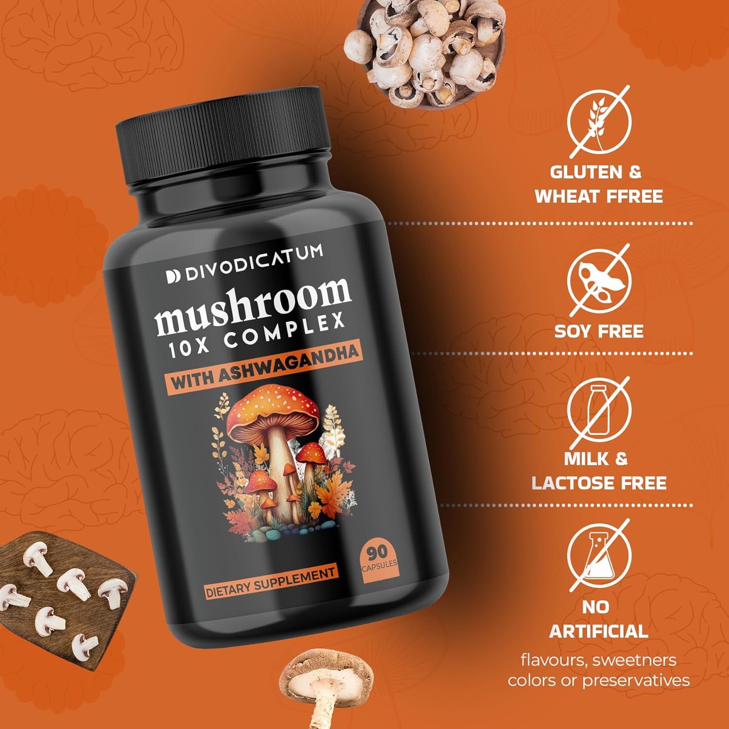 Organic Mushroom Complex Supplement with Ashwagandha - Lion’s Mane, Reishi, Cordyceps, Chaga, Turkey Tail & More for Focus, Energy, and Brain Boost - 90 Capsules
