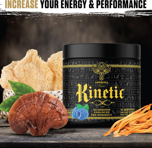 Organic Mushroom Enhanced Pre-Workout Powder for Energy Boost (Blue Raspberry Flavor) - Ambrosia Kinetic Nootropic Supplement