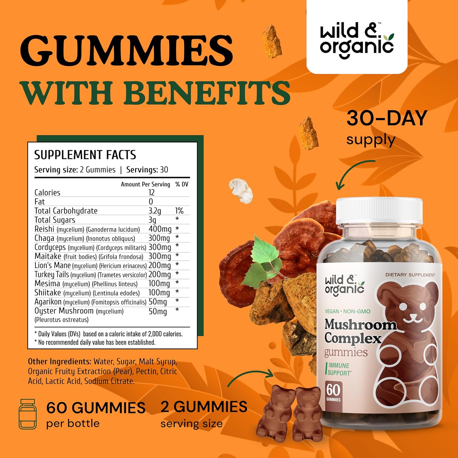 Organic Mushroom Gummies 10-in-1 Complex - Immune & Brain Support - Lion's Mane, Cordyceps, Turkey Tail, Reishi, Chaga, Maitake - 60 Count