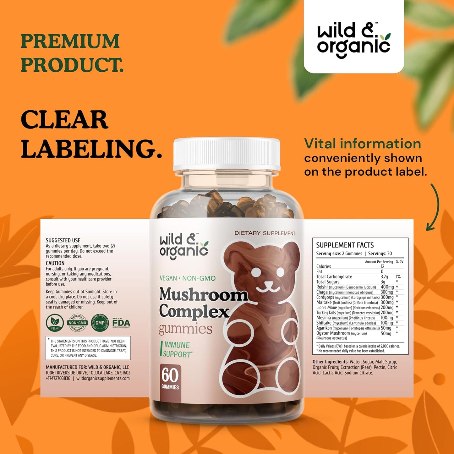Organic Mushroom Gummies 10-in-1 Complex - Immune & Brain Support - Lion's Mane, Cordyceps, Turkey Tail, Reishi, Chaga, Maitake - 60 Count